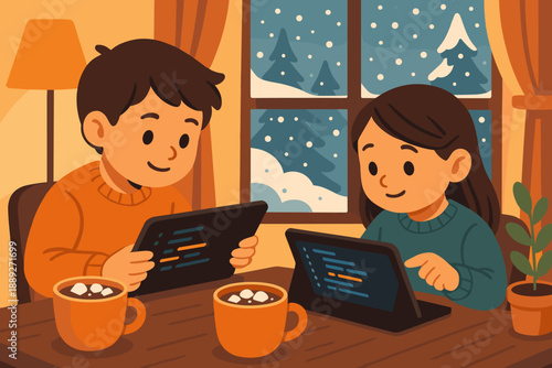 Friends share a warm moment with tablets and hot drinks while snow falls outside a cozy cafe