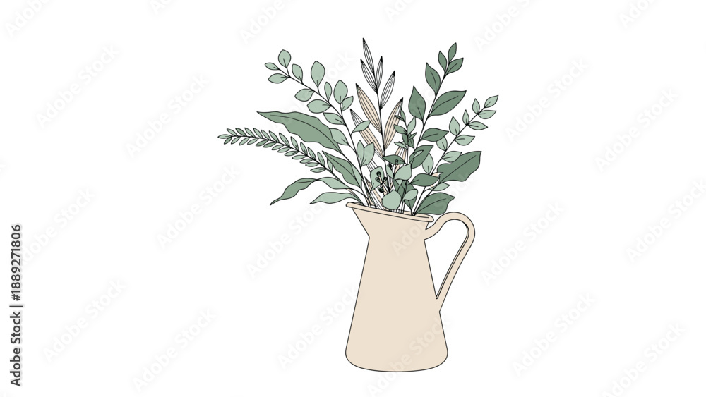 Fototapeta premium Charming illustration of a vintage pitcher filled with a bouquet of green eucalyptus and other foliage in a stitched style.