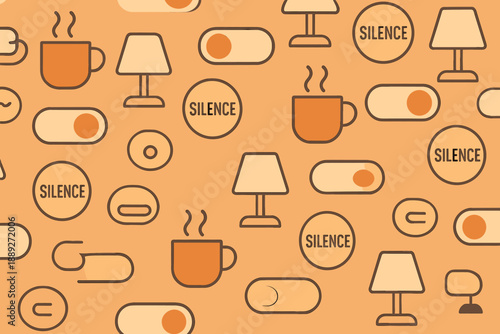 Patterns of everyday objects in a simple design with lamps, cups, and text set against a warm background