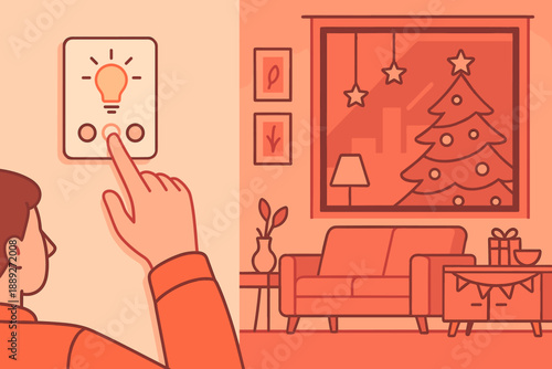 Person turns on light switch in living room with Christmas tree and decorations during evening time in a cozy home setting