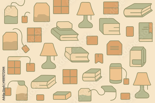 Design shows books, lamps, and tea bags in a simple pattern on a light background, creating a cozy reading atmosphere at home