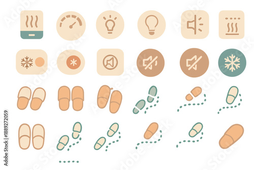 Collection of simple icons representing home appliances and sounds with footprints, suitable for use in home design and user guides
