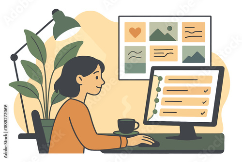 Woman working at home on a computer with a plant and a cup of coffee nearby during daytime hours