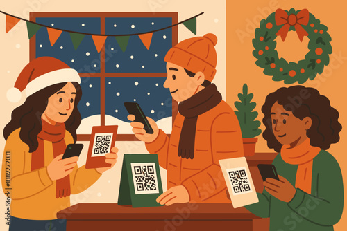 Friends use QR codes at a cozy indoor gathering during winter holiday celebrations in a warm setting filled with decorations
