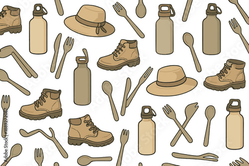 Camping gear and outdoor items on a white background with a mix of boots, hats, water bottles, and utensils in a playful design