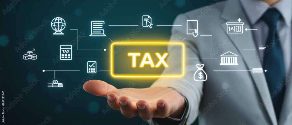 Fototapeta premium Tax payment interface above businessman hand displaying glowing yellow button and financial line icons for online accounting, corporate finance, and revenue planning concepts