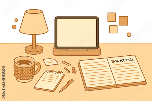 Workspace setup for planning tasks, writing notes, and organizing daily activities at home in a warm color tone for productivity