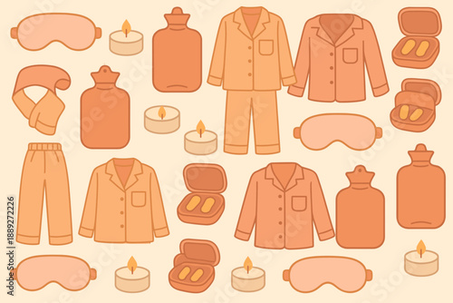 Warm bedtime items for a cozy night of rest with soft pajamas, candles, and comfort essentials