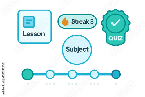 Learning platform shows lesson progress and quiz completion with streak indicator in digital format