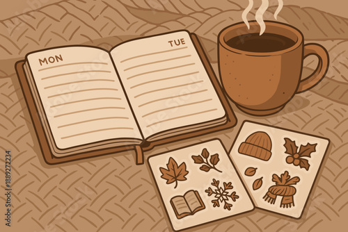 Cozy moment with a planner, stickers, and a warm drink on a chilly day