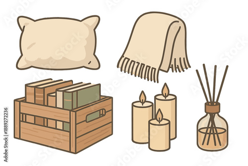 Items for a cozy home setup including a pillow, blanket, books, candles, and a diffuser for comfort and relaxation