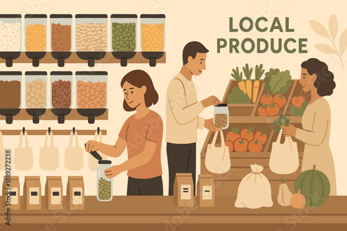 People shopping for local produce at a market with jars and bags in a warm setting during daylight hours