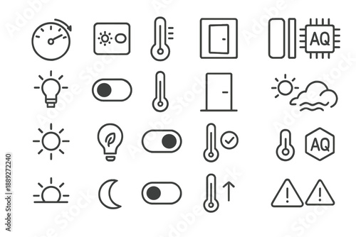 Icons representing various concepts of temperature, light, air quality, and weather, following a simple and clear design style