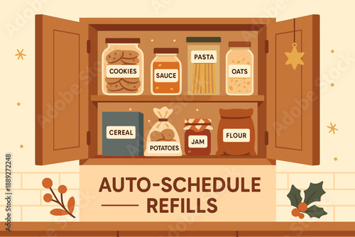 Kitchen cabinet with food items and refill options for groceries