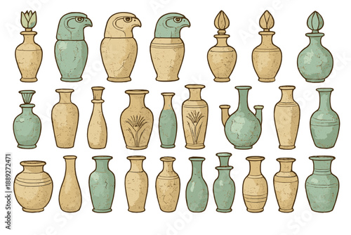 Collection of ancient vases and pots with different designs and shapes displayed on a white background during artistic showcase