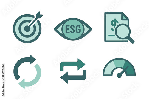 Icons related to environmental, social, and governance topics in a simple design layout on a white background