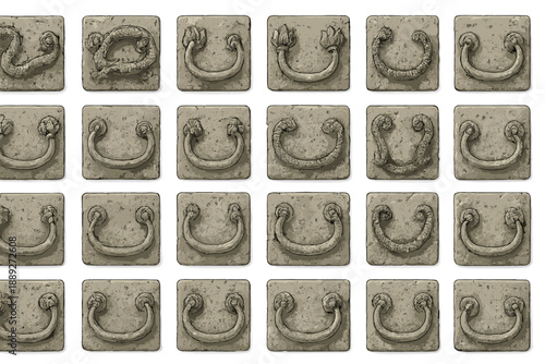 Different types of stone wall knockers displayed in a grid on a white background for design and decoration ideas