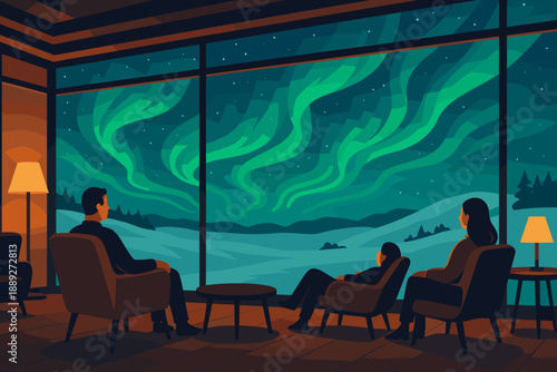 Watching the northern lights from a cozy room during a winter evening