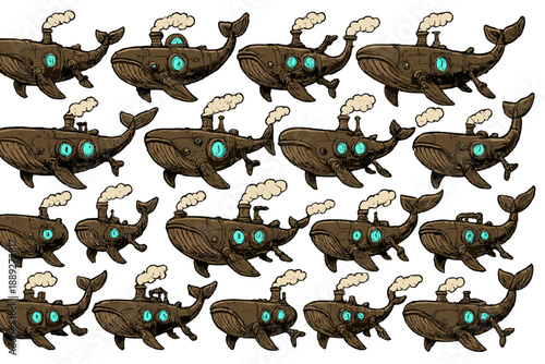 Whales with steam-powered machines swim together in a whimsical scene