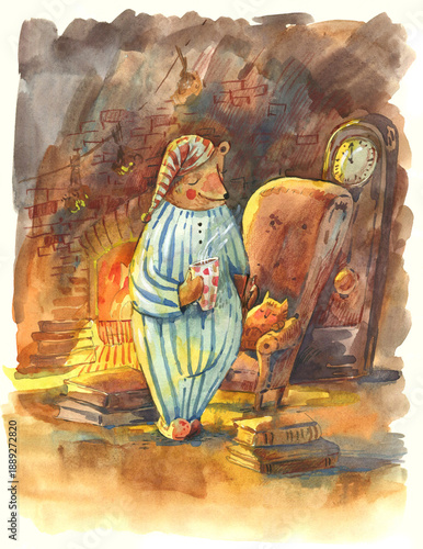 Watercolor Bear in Pajamas by Fireplace with Cat