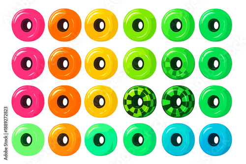 Colorful rubber rings arranged in rows for water activities in summer by a poolside