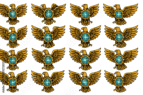 Eagles with blue gemstones arranged in a pattern for design or decoration in a creative project
