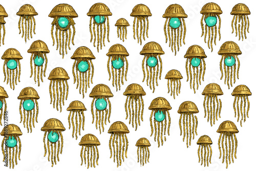 Pattern of jellyfish with gold domes and turquoise orbs in a repeated design across a white background