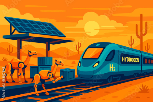 Hydrogen train waits at a solar station with robotic camels in a desert landscape during sunset