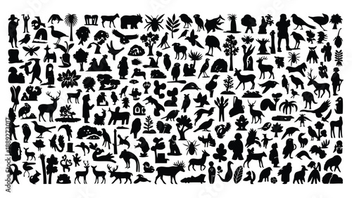 A dense collection of black silhouettes depicts various animals birds and natural elements