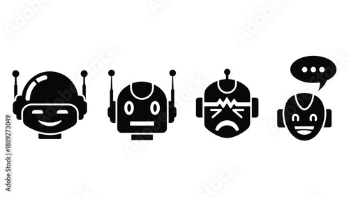 Four stylized black robot icons displaying different expressions and communication styles high quality