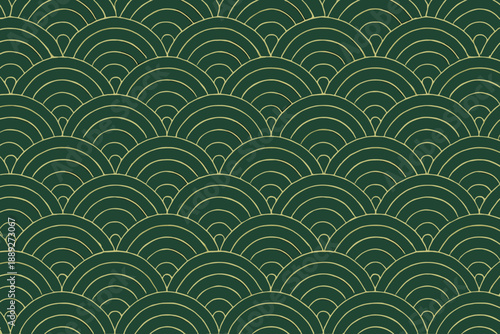 Pattern of curved lines in green color on a dark background creates a repeating design ideal for wallpapers or textiles