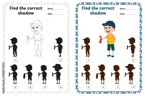 Find the Shadow Game. Little Boy Volunteer Collecting Trash