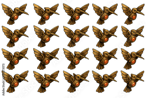 Many small bronze hummingbirds with orange details arranged in a grid pattern on a white background