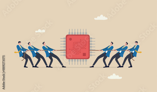 Semiconductor and computer chip shortage Coronavirus COVID-19 pandemic, manufacturing meeting problem concept, businessman fighting get computer chip