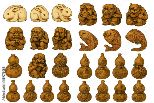 Collection of animal and character sculptures arranged in rows with different shapes and sizes on a light background