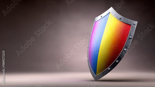 Colorful medieval shield with vibrant hues on a gradient background
