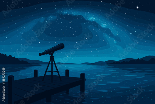 Starry night sky view with a telescope on a dock over quiet water
