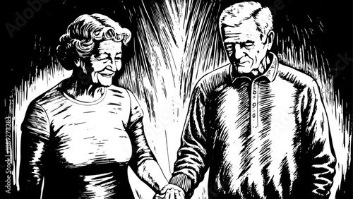 Very beautiful   close up lifestyle portrait of an elderly couple in their sixties holding hands and smiling gently, expressing lifelong companionship, warmth, and enduring love built through years of