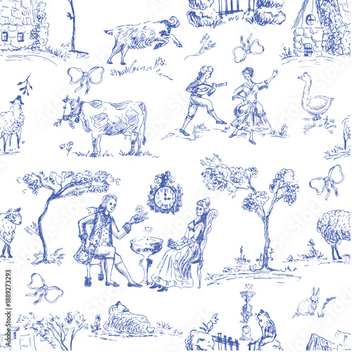 Rural scenes, toile de jouy, men and women dancing and talking against a backdrop of a cow, sheep and a rural chalet.