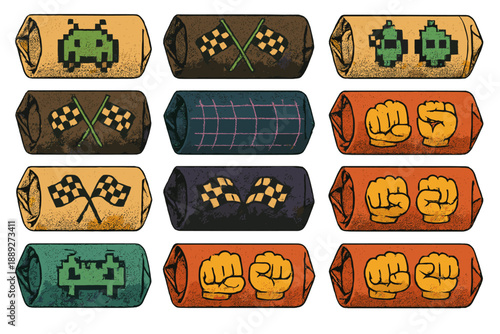 Colorful patches showing different designs that represent gaming, racing, and competition themes