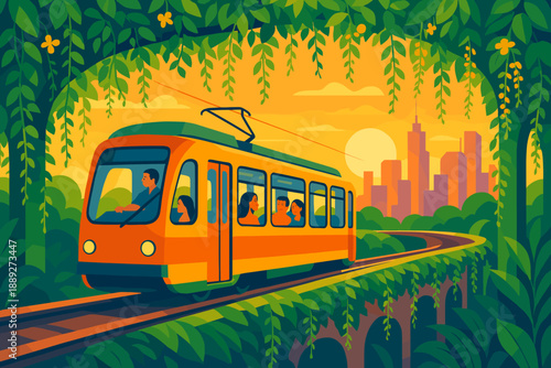 Tram moves through a lush green area with a city skyline and sunset in the background