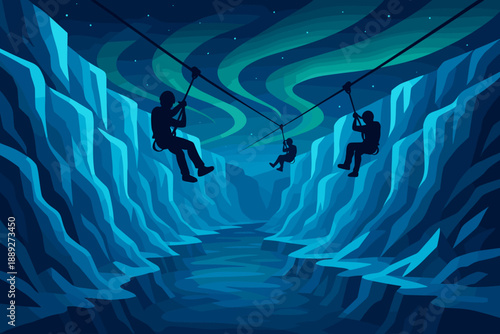 People zip lining over a river in a canyon under the night sky with northern lights in the background