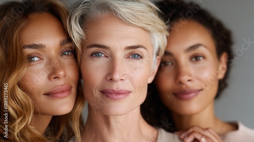 Three Women of Different Ages Embracing Each Other with Smiles and Confidence