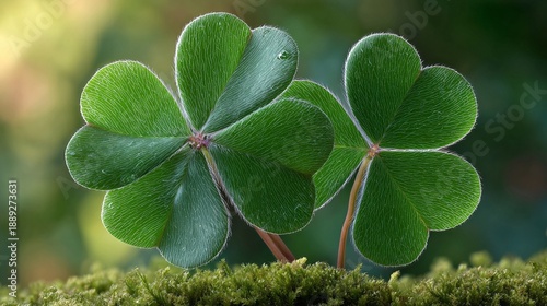 Close-up view of two vibrant green four-leaf clovers resting on a bed of lush moss in a natural setting