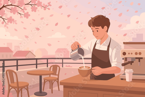 Barista prepares coffee on a sunny day outdoors with cherry blossoms in the background