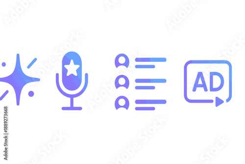Icons representing audio content creation, featuring a star microphone, user profiles, lists, and an advertisement symbol