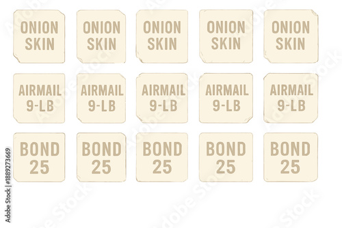 Different types of paper labels showing materials and weights in a layout for printing or packaging