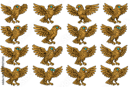 Bird designs with blue accents viewable in a repeating pattern on a white background showing different poses and angles in a decorative layout