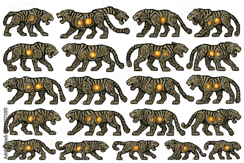 Tigers made of stone with glowing orbs walking in various poses across a simple background