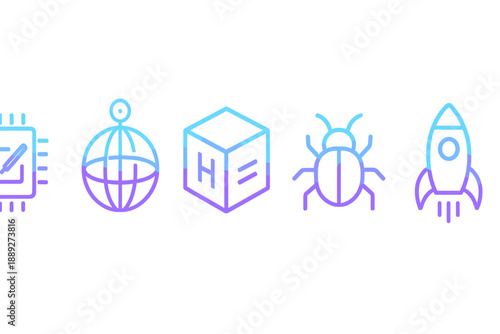 Icons representing technology, science, and space in simple design with blue and purple colors used in a horizontal layout during daytime